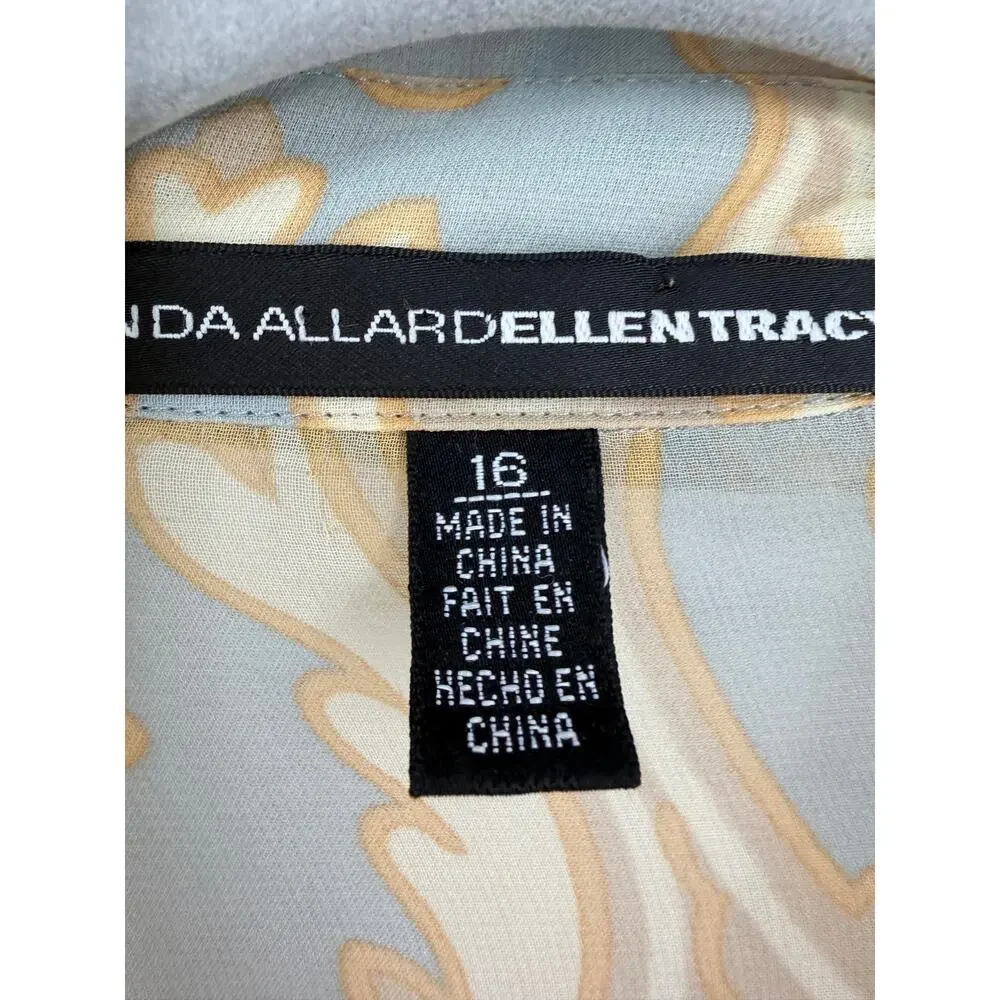 Ellen Tracy 100% Silk Blouse Womens 16 Sage Blue Baroque Button Front Classic - Picture 4 of 12